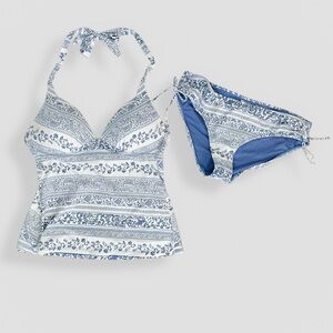 CREMIEUX Blue & White Floral Paisley Two Piece Bathing Suit Size Medium Beach